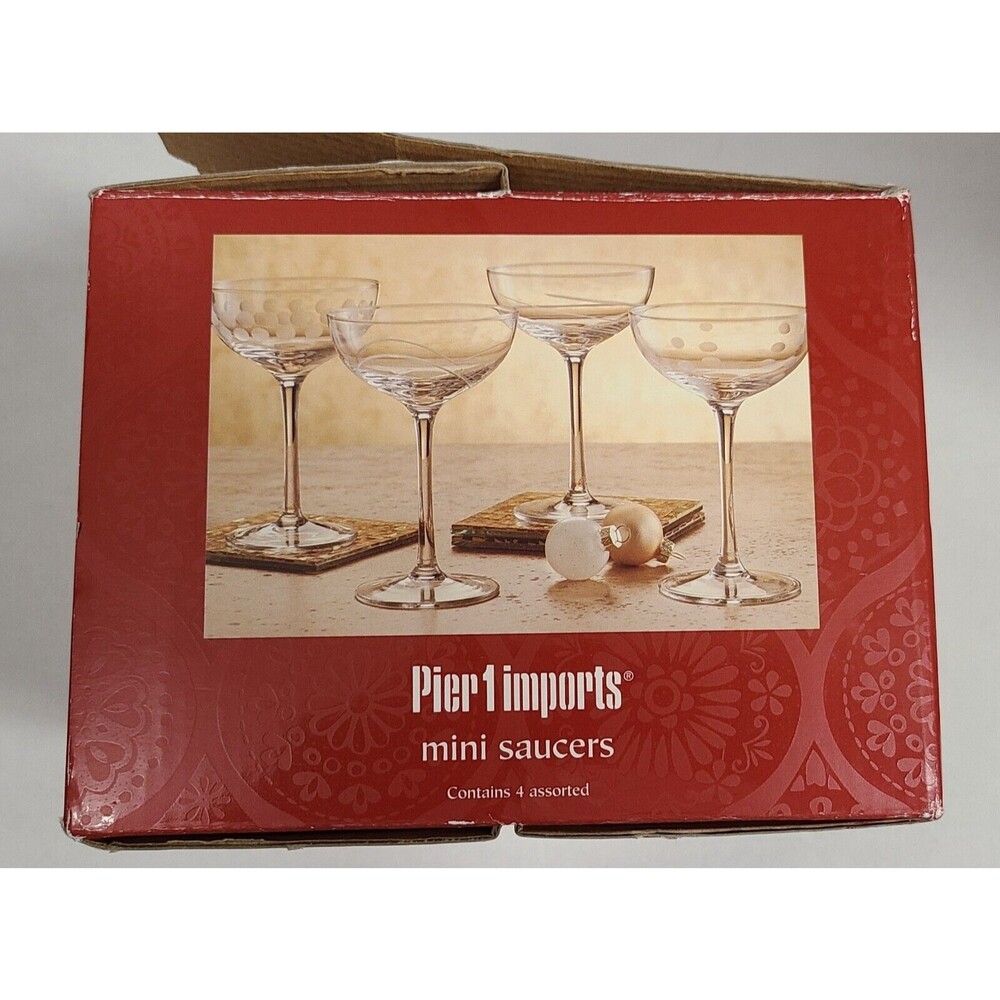 Pier 1 Imports Set 4 Mini Glass Saucers Etched Designs Dessert Original Box